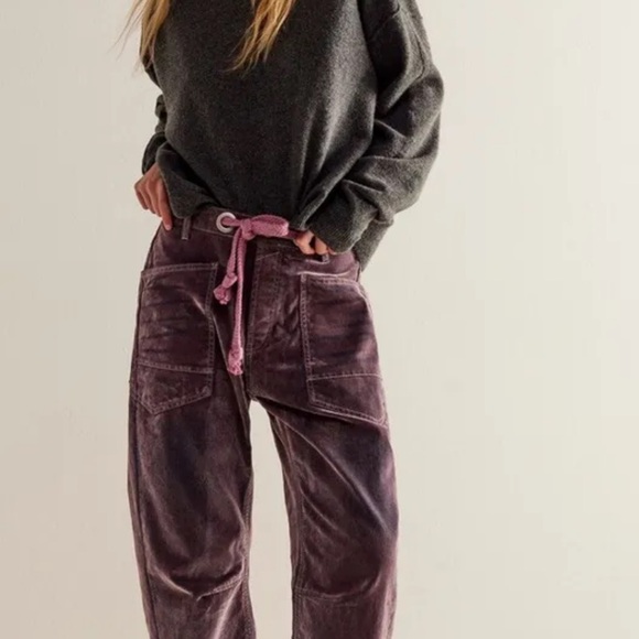 Free People Moxie Flocked Pull On Barrel Jeans Rope Tie Slouchy Ancient Pink - Picture 4 of 6